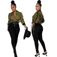 New Women Fashion Long Sleeves Zipper Bandage Patchwork Casual Jumpsuit 2pcs