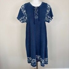 LOFT Dress XS Blue Embroidered Lace-Up Neckline Short Sleeves Cotton Women's