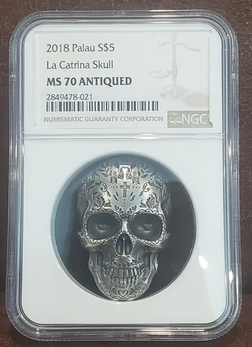 2018 NGC MS 70 PALAU 1oz Silver $5 "LA CATRINA SKULL" Antiqued
