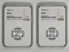 1943 P + D 1c Lincoln Steel Wheat Cent NGC MS 64 Two Coin Lot New Holder