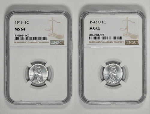 1943 P + D 1c Lincoln Steel Wheat Cent NGC MS 64 Two Coin Lot New Holder