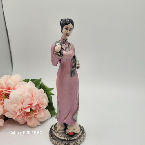 Vintage Figurine Young Vietnamese Woman in Pink Purple Folk Dress Ensemble