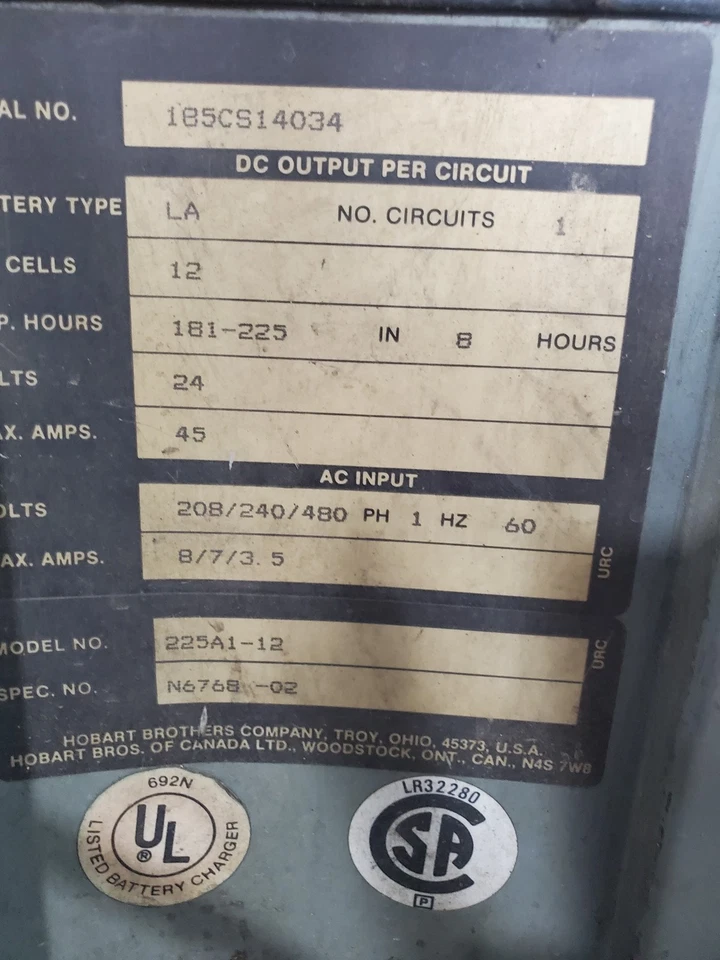 Hobart 225A1-12 Battery Charger 12 Cells, 24 Volts, N6768-02 - Image 2 of 4