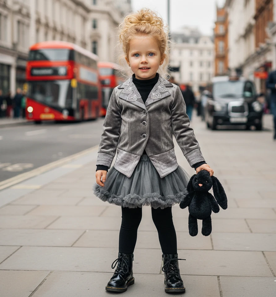 Girls Velvet Blazer 3-4-5-6-7-8-9ys Silver Grey floral Jacket with Lace Collar - Image 4 of 4