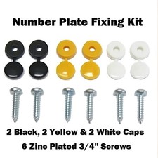 6 X Number Plate Car Fixing Fitting Kit Screws Caps Hinged Black Yellow White