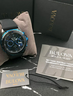 Bulova Marine Star-98B308-Men's Black Rubber Strap Quartz Watch Blue Dial 44mm