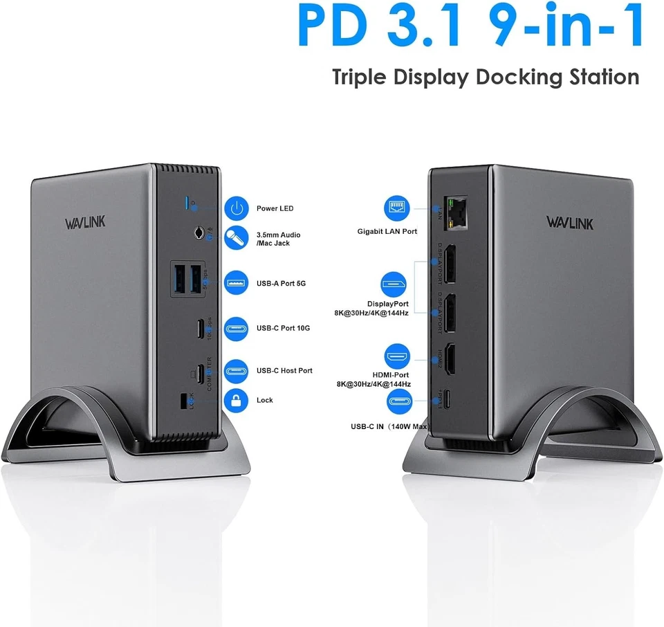 USB C Docking Station PD3.1 Docking Station 3 Monitors with 2* DP + HDMI 8K@30H - Image 2 of 3