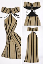 Fashion Nova Maxi Dress Taupe Black Ribbed Striped Halter Sleeveless XS