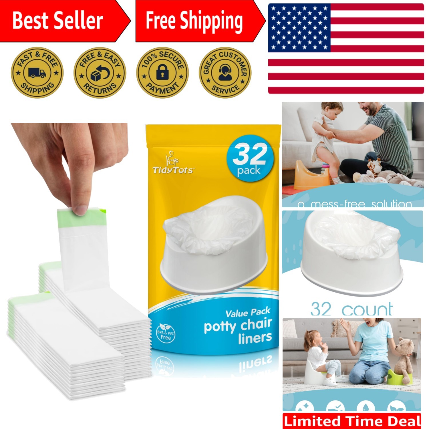 Disposal Potty Chair Liners Pack of 32 - Easy & Hygienic for Potty Training
