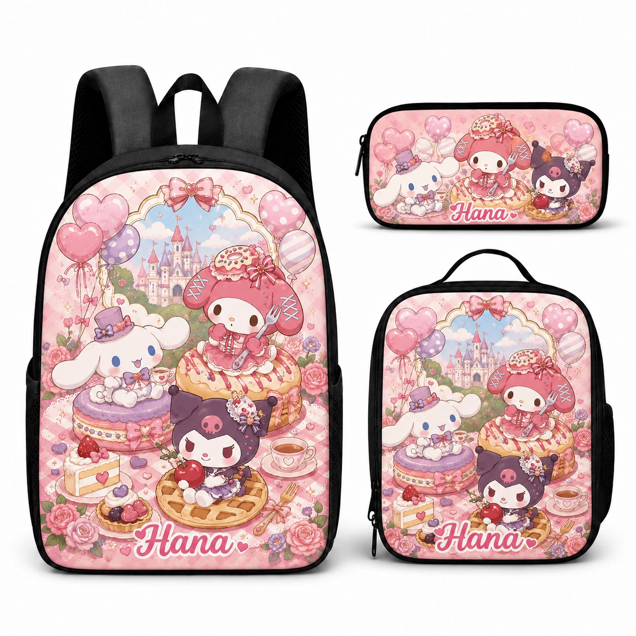 Custom Name Pink Princess Castle Backpack Set Girls School Bag Lunch Box 3Pcs