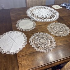 Vtg, Hand Crochet  Tatting Round Doilies, Coasters Set Of 5