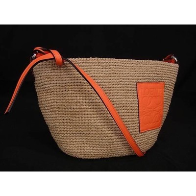 LOEWE ANAGRAM RAFFIA LEATHER 2WAY HANDBAG SHOULDER BAG ORANGE FA3762 AUTH