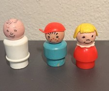 Vintage Fisher Price Little People RAGAZZA BIONDA base rossa + set 2 ragazzi base