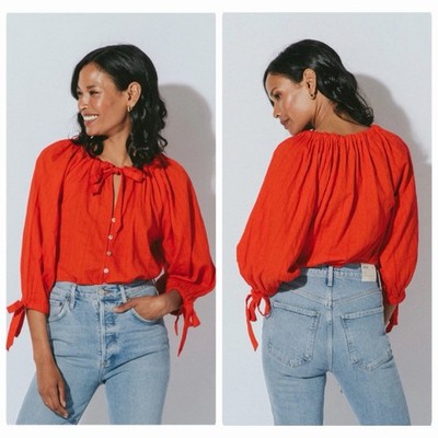 Cleobella Rylan Cherry Red Organic Cotton Textured Blouse - Size Medium 