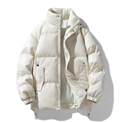 Winter Men's Loose Casual PU Parkas Solid Stand Collar Warm Leather Parka Men Fa
