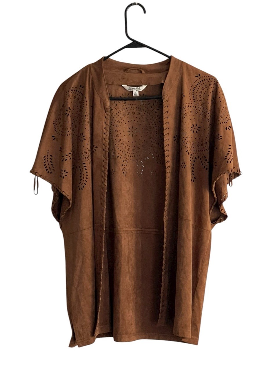 Krazy Kat Western Boho Cardigan Tan Brown Faux Suede Women Medium Laser Cut