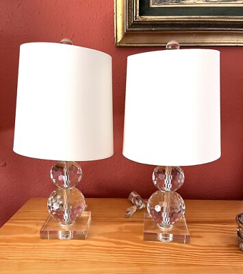 Cut Crystal MCM Boudoir Table Lamps Multi Faceted Art Deco Shades NOT  Included