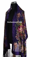 Elegant 100% Silk Burnout Velvet Vintage Floral Oblong Scarf Shawl Wrap, Purple