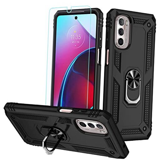 Moto G Stylus 5G 2022 Case: Black Military Grade Rotating Ring Kickstand Case