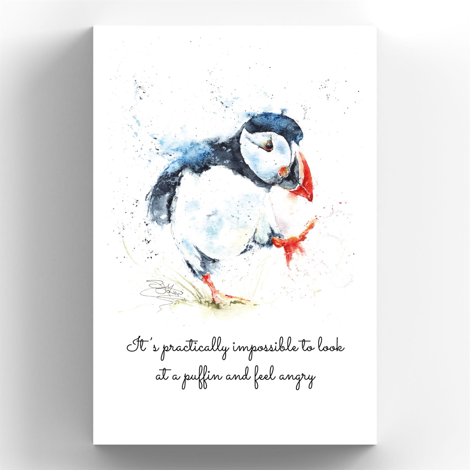 FEEL ANGRY PUFFIN SANDI MOWER WATERCOLOUR ARTWORK PRINTED ON WOODEN PLAQUE