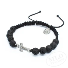 Saint St Michael Medal Charm Black Natural Lava Stone Beads Rosary Bracelet