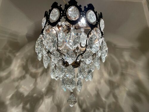Antique/Vintage Crystal & Brass Chandelier Huge French Low Ceiling Lamp Lighting - Picture 1 of 11