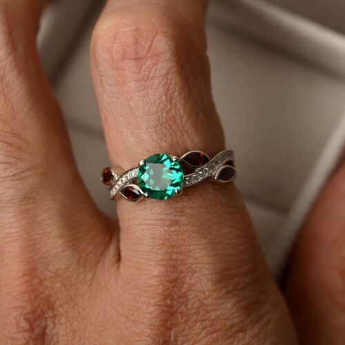 Dainty Emerald Ring 925 Sterling Silver Lab Created Round Gemstone Women Ring - Picture 2 of 5