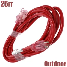 25FT Outdoor 12 Gauge 3-Prong Power Cable Extension Cord SJTW Grounded Red/Clear