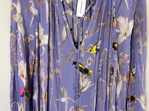 Banana Republic Dress Women XLT Purple Maxi Bird Floral Print Crepe Flowy Girly - Picture 5 of 23