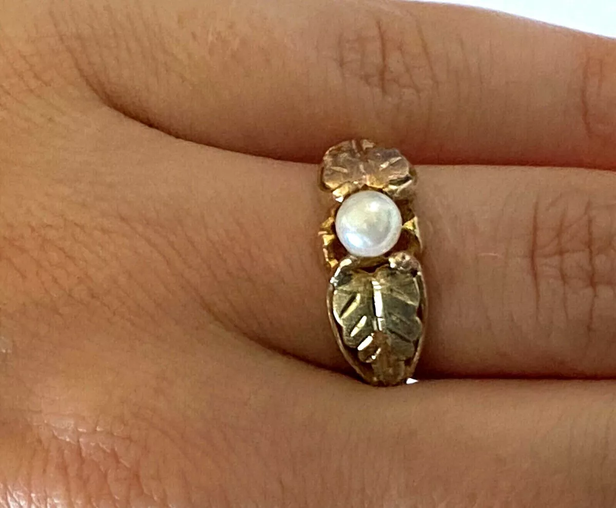 Vintage BHG Black Hills Gold 10K Solid Yellow Gold 12K Leaf Ladies Pearl Ring