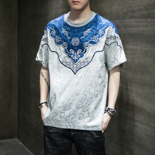 Mens Dragon Pattern Short Sleeve T-shirt Tops Tee Shirt Crew Neck Ethnic - Picture 14 of 14