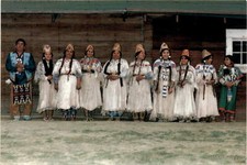 postcard, AAA Lead root gatherers, traditional buckskin dresses, basket Postcard