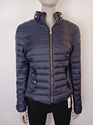 Nwot Zara Womens Puffer Jacket XS Navy Blue GOLD Adjustable