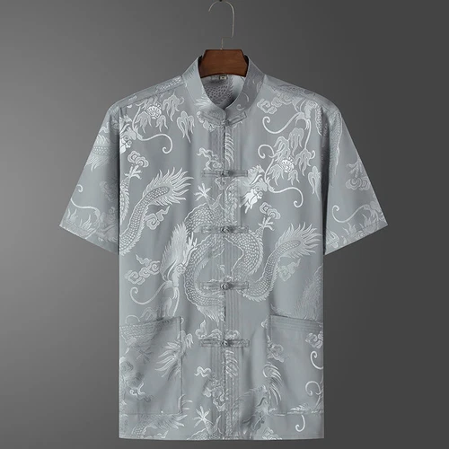 Men's Silk Satin Tang Shirt Tops Dragon Print Short Sleeve Chinese T-shirt Pants - Picture 3 of 16
