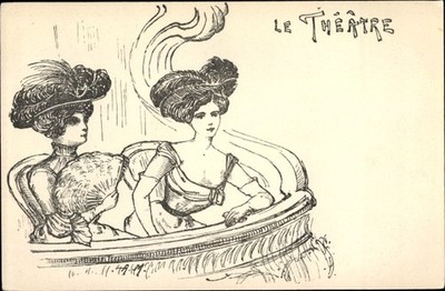 Postcard Le Theatre, Elegant Ladies in Theatre, Fan, Hats - 10592220