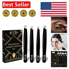4-Piece Precision Eyebrow Tweezers Set in Black - Professional Stainless Steel