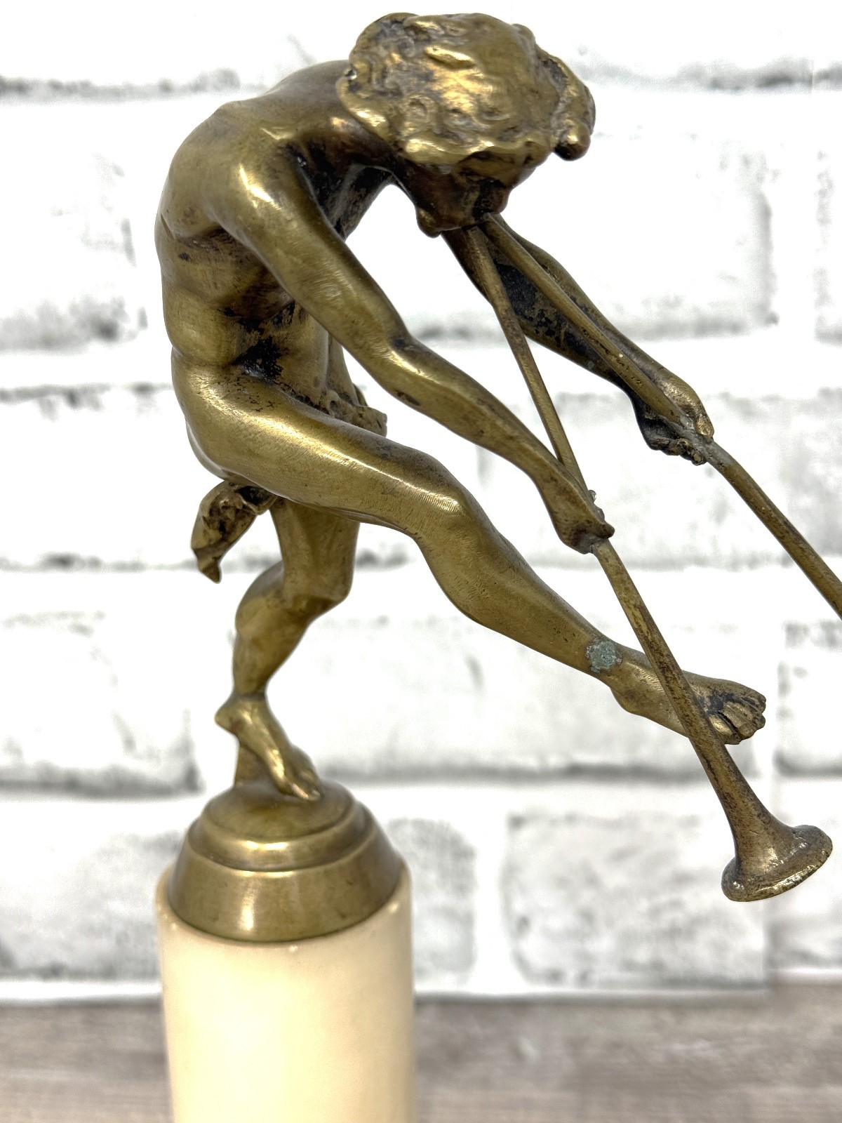 Vintage Brass Greek God Pan w/ Flutes on Marble Base Statue 10.5" Tall