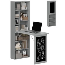 HOMCOM Folding Convertible Desk with Blackboard and Bookshelf, Grey