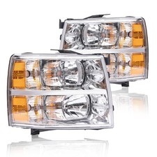 Front Headlights Pair Chevy Silverado 1500 2007-2013 Clear Chrome Housing Amber