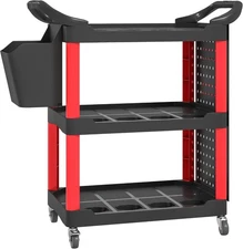 HOMCOM 3 Tier Utility Cart on Wheels, Rolling Tool Storage with Pegboards and Bu