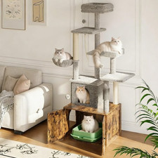 2-in-1 Cat Tree  Litter Box Enclosure with Hammock  Scratching Post for Pets