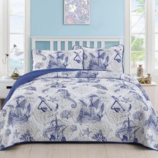 DJY Blue Quilt Set Queen Coastal Beach Quilt Coverlet Set Nautical Seahorse B...