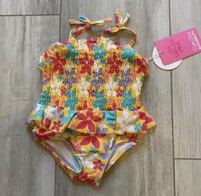 New RuffleButts Endless Summer Floral Peplum Smocked One-Piece Swimsuit 3-6M