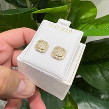 1365- NEW 14K Gold Square Full Cz Stud Earrings 10mm W.G/ Aretes Oro 14k