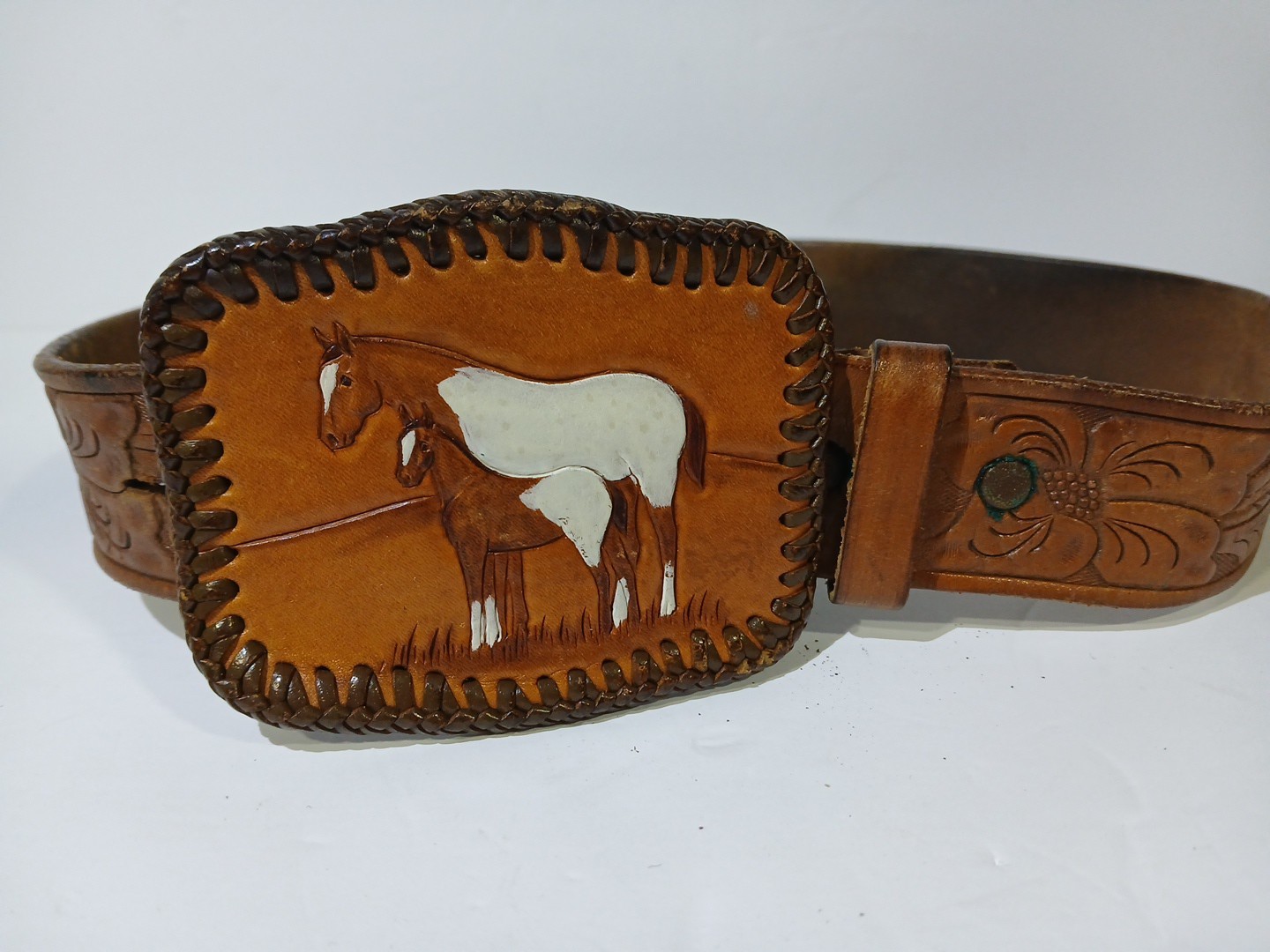 VTG Wrangler Leather Kids Belt Buckle Horses Western Cowboy Tooled