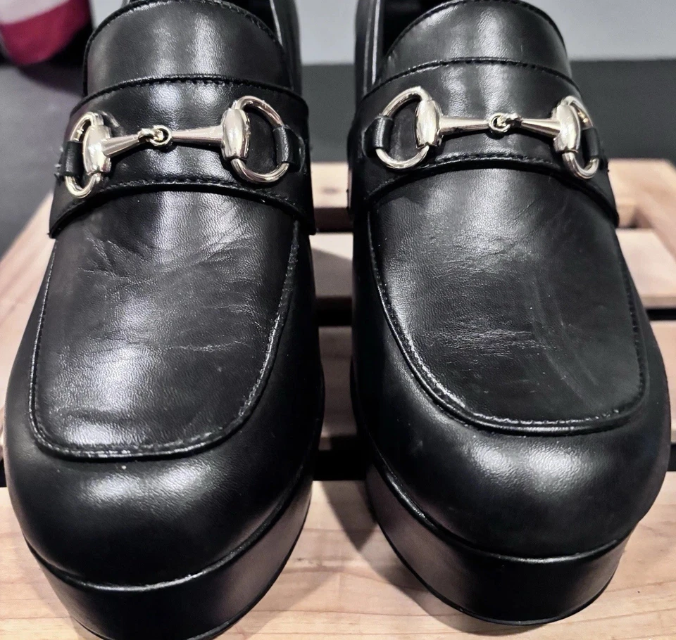 Steve Madden Cenicienta Mujer 9M Negro Cuero Plataforma Mocasín Grueso Tacón Bloque Foto 3 de 4
