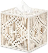 Mkono Macrame Tissue Box Cover Square Boho Woven Tissue Holder Ivory