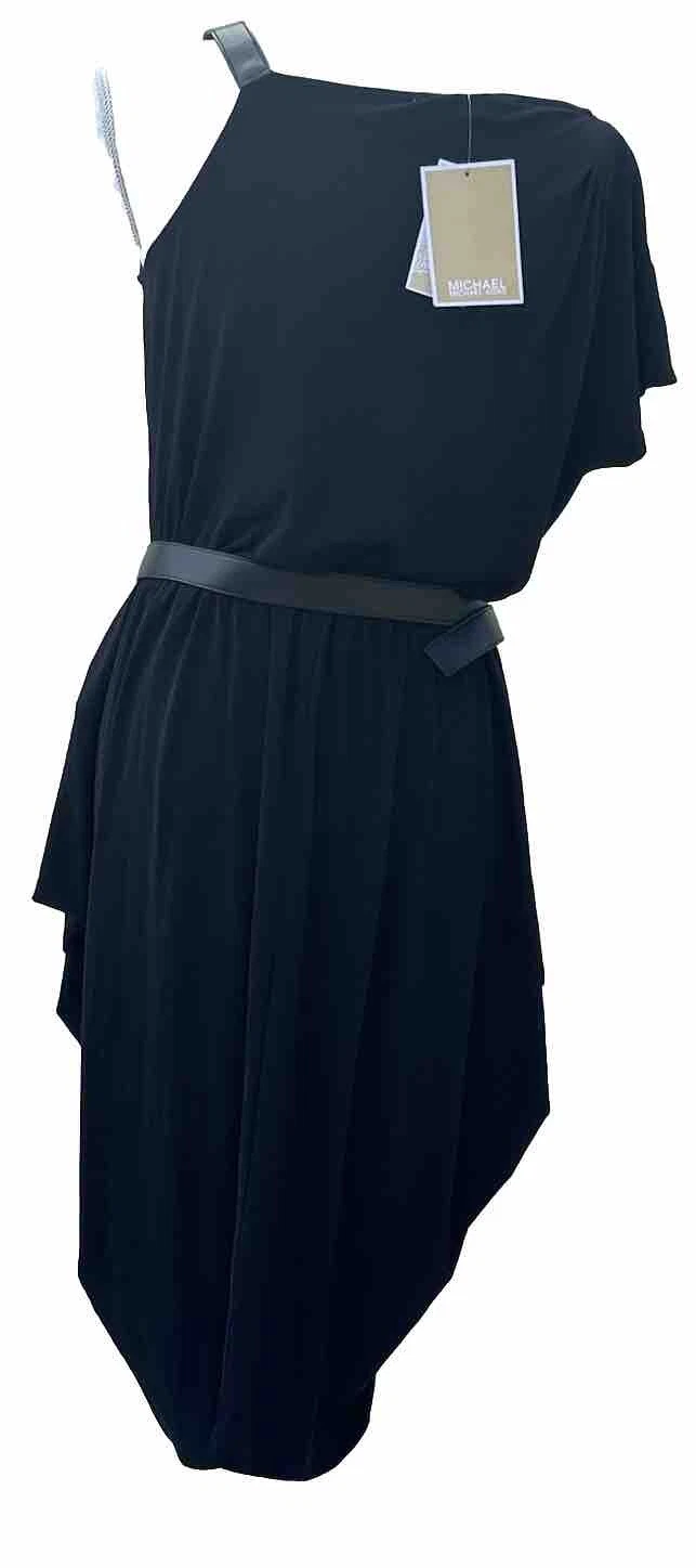 Abito Michael Kors nero manica unica cintura fluidi strati fibbia cinturino estate med