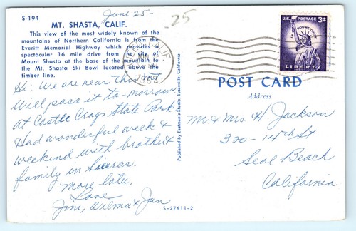 Mt Shasta Everitt Memorial Highway View Mountain Tops Forest CA Vintage Postcard - Picture 3 of 4