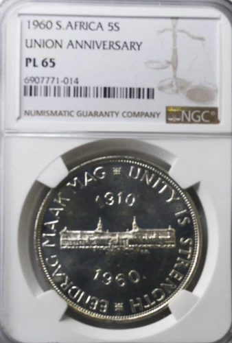 1960 South Africa 5 Five Shillings Silver Coin NGC PL65 Union Anniversary